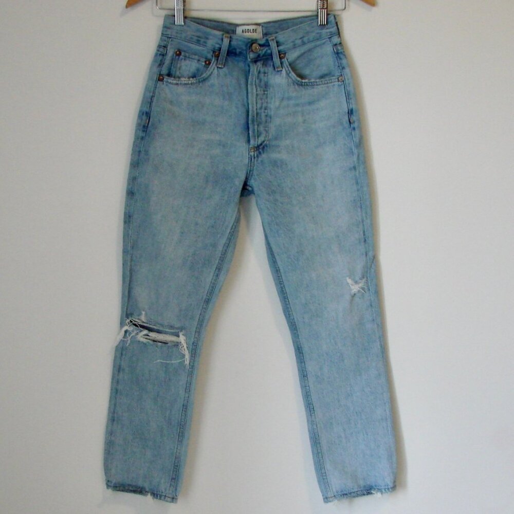 Agolde Riley High Rise Jeans Straight Leg Crop Ankle Button Front Light Wash 24